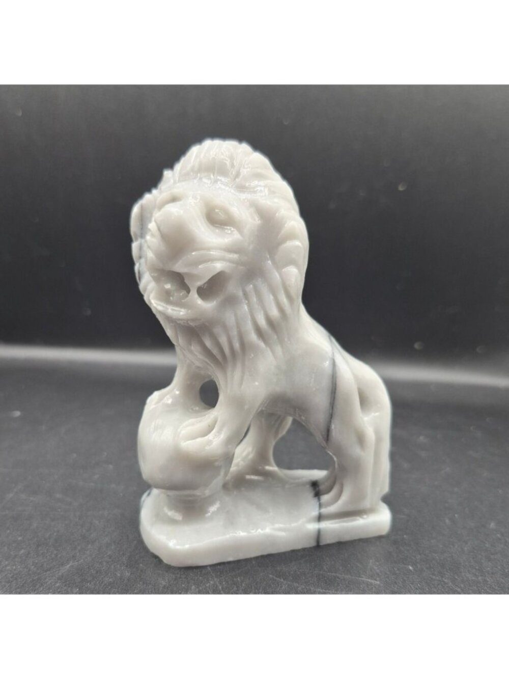 Carved White Marble Lion Figurine With Black Veining  Tall Decorative Sculpture